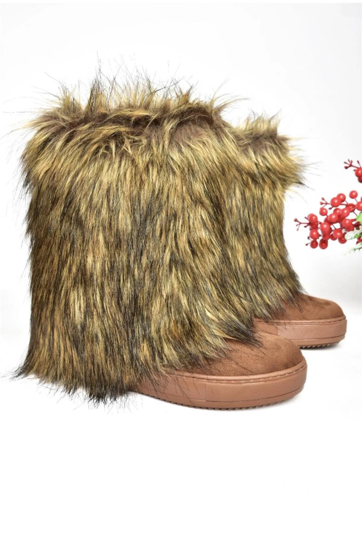 Fox Shoes  R602043002 Haarige Damenstiefel aus braunem Wildleder mit Keilabsatz