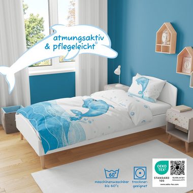 Kinderbettwäsche Wendebettwäsche Delfin, Koru Kids, 100%Baumwolle (Mako Satin), 2 teilig, als Kinderbettwäsche 135x200 oder Babybettwäsche 100x135