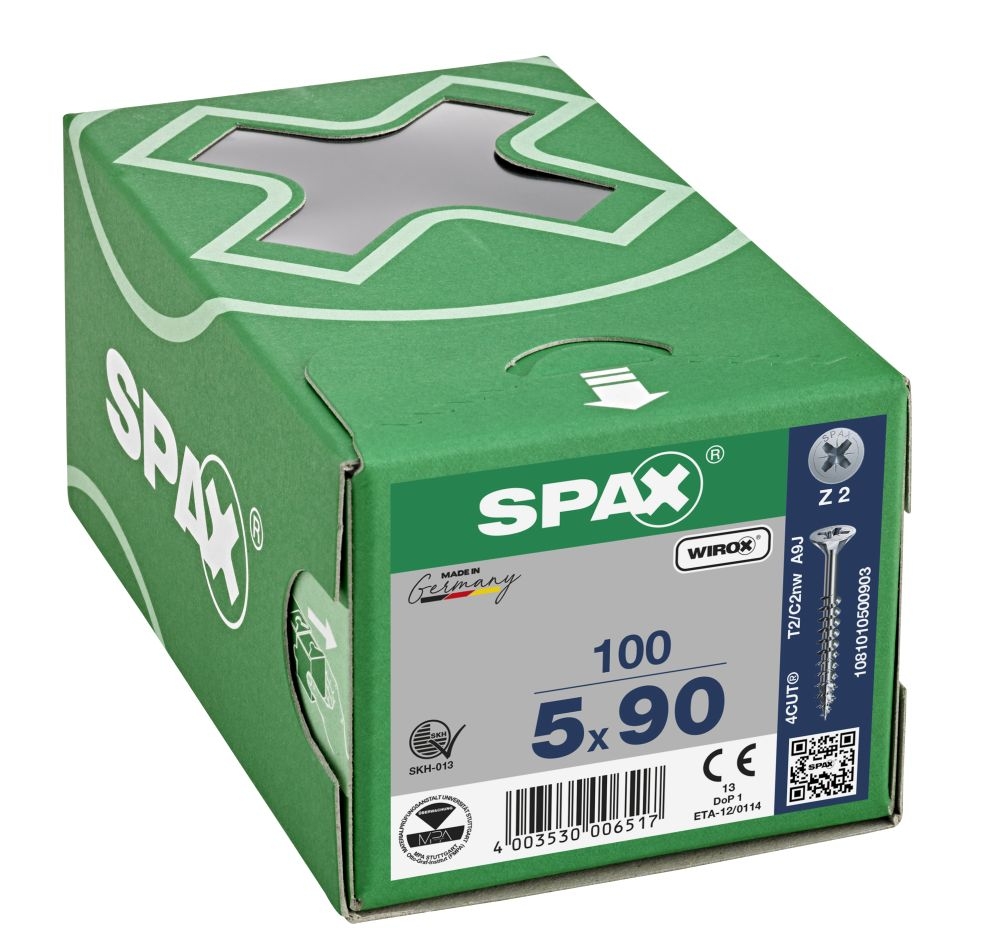 SPAX 1081010500903 Универзални вијак 5 x 90 мм, упуштена глава, крстасти навој PZ2, делимични навој, WIROX - 100 ком.