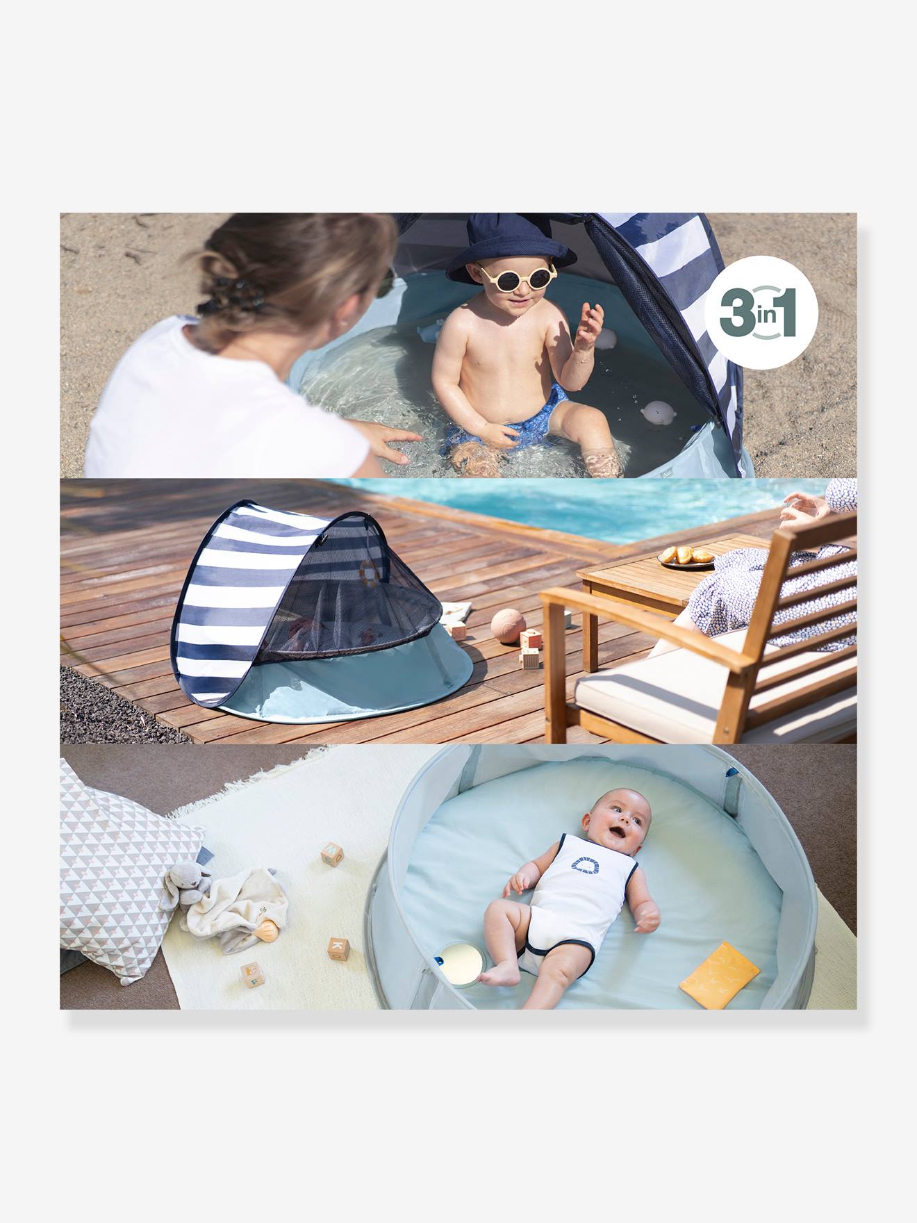 tente anti-UV UPF50+ pop-up Aquani BABYMOOV bleu blanc gris