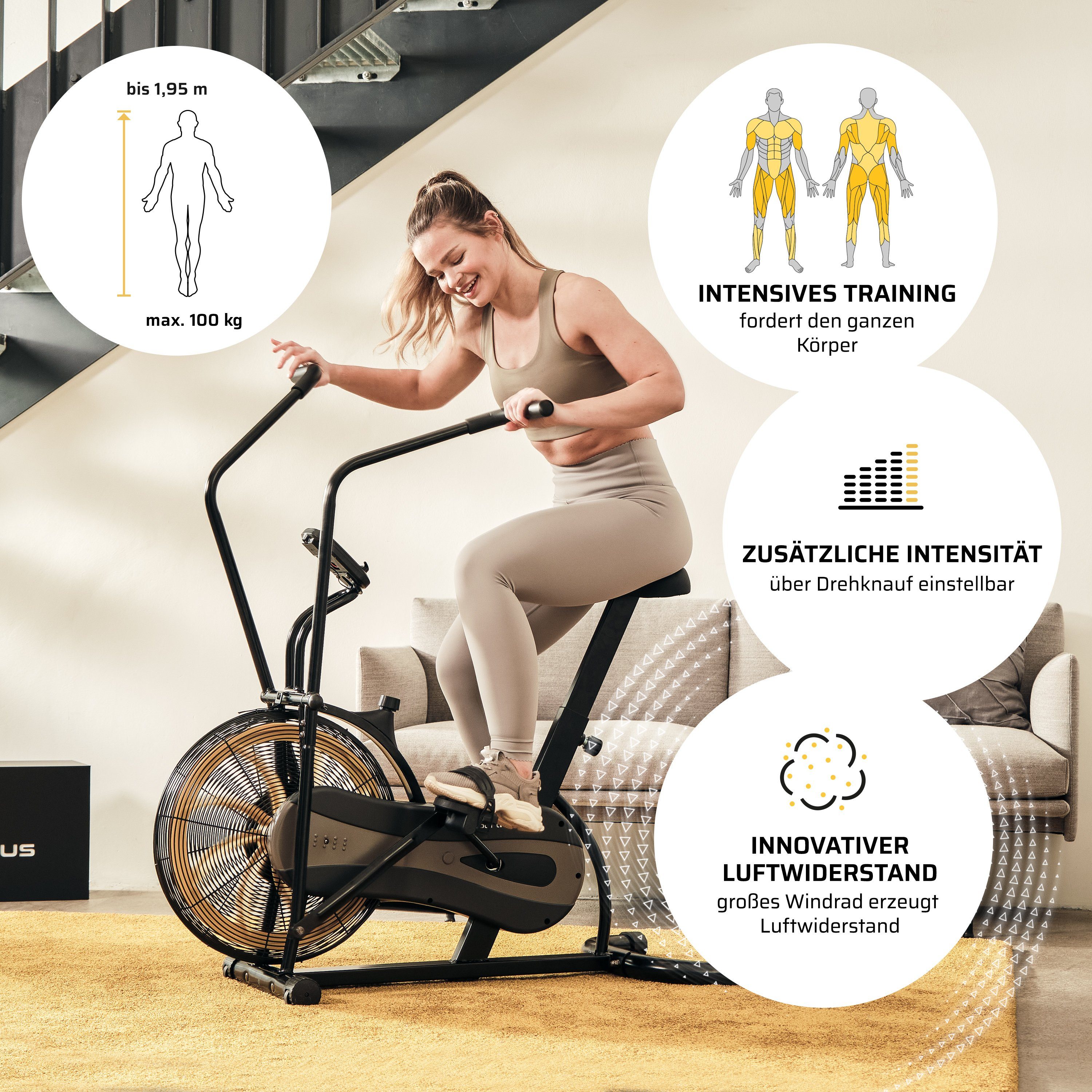 SportPlus Heimtrainer SP-FB-1100-B-iE, Air Bike, Heimtrainer, Luftwiderstand, App kompatibel, SP-FB-1100-B-iE