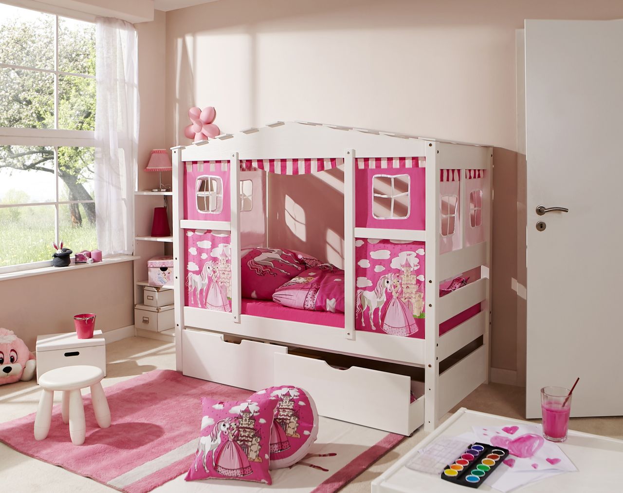 Ticaa Hausbett MINI Prinzessin Rosa Var 4 - mit 2er Schubkästen - inkl. Matratze