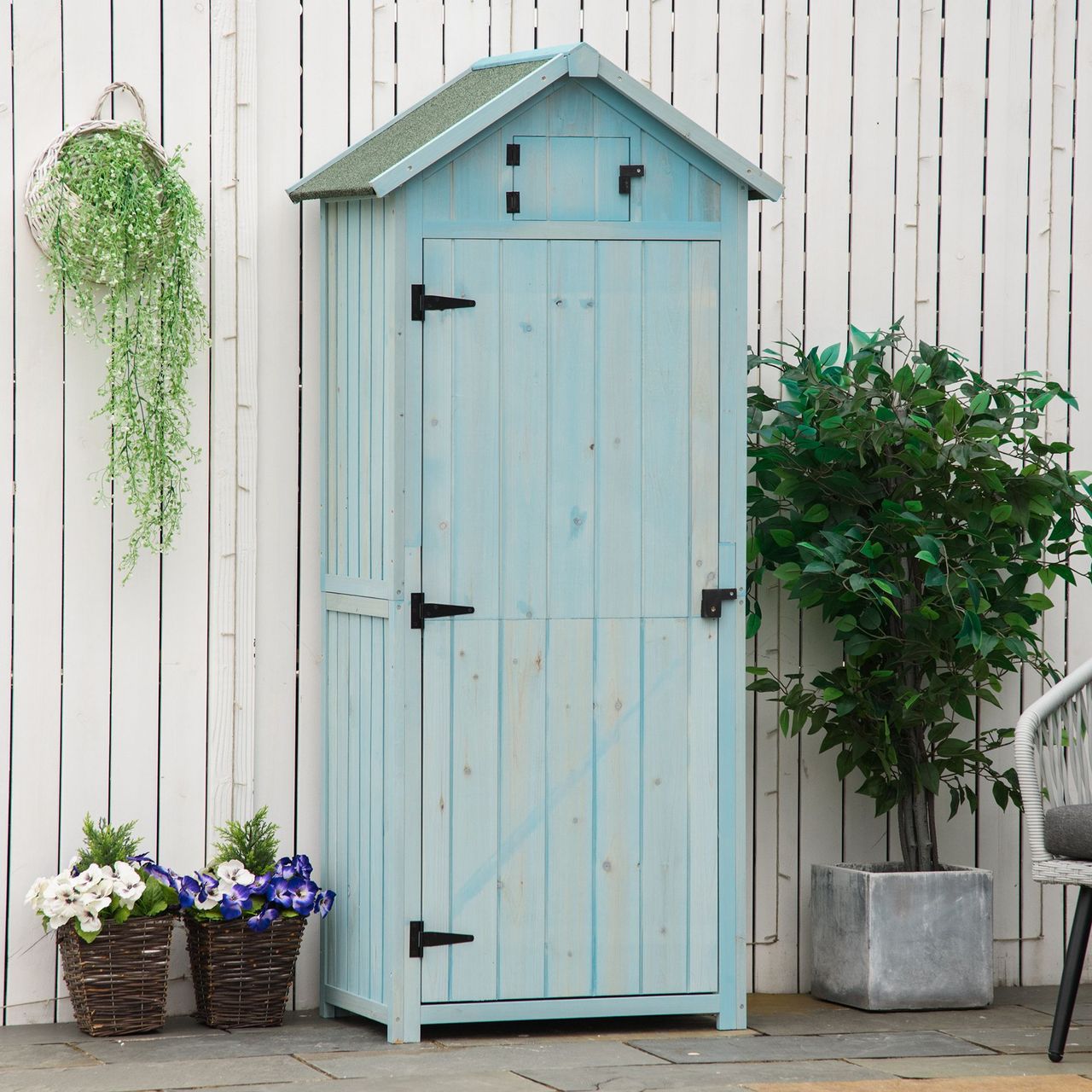 Outsunny Gartenschrank Gartenhaus Holz Hellblau Grün 77 x 54,2 x 179 cm