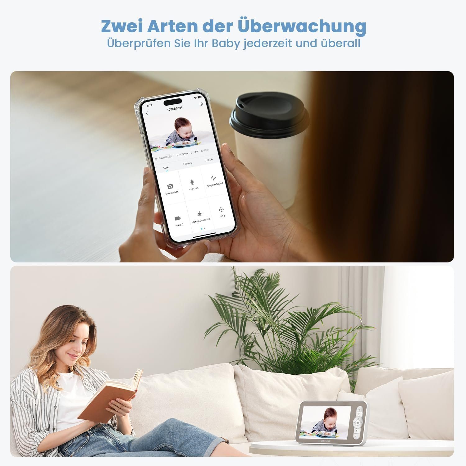 ieGeek Babyphone 5 Zoll 2K 3MP Babyphone mit Kamera 940nm Mit 32GB SD Karte, WLAN Video Babyfon PTZ 355°, IR-Nachtsicht, Automatische Verfolgung, 4-fache Zoomfunktion,Weinen/Bewegungs/Geräuscherkennung, Vorschau auf geteiltem Bildschirm,Zwei-Wege-Aud