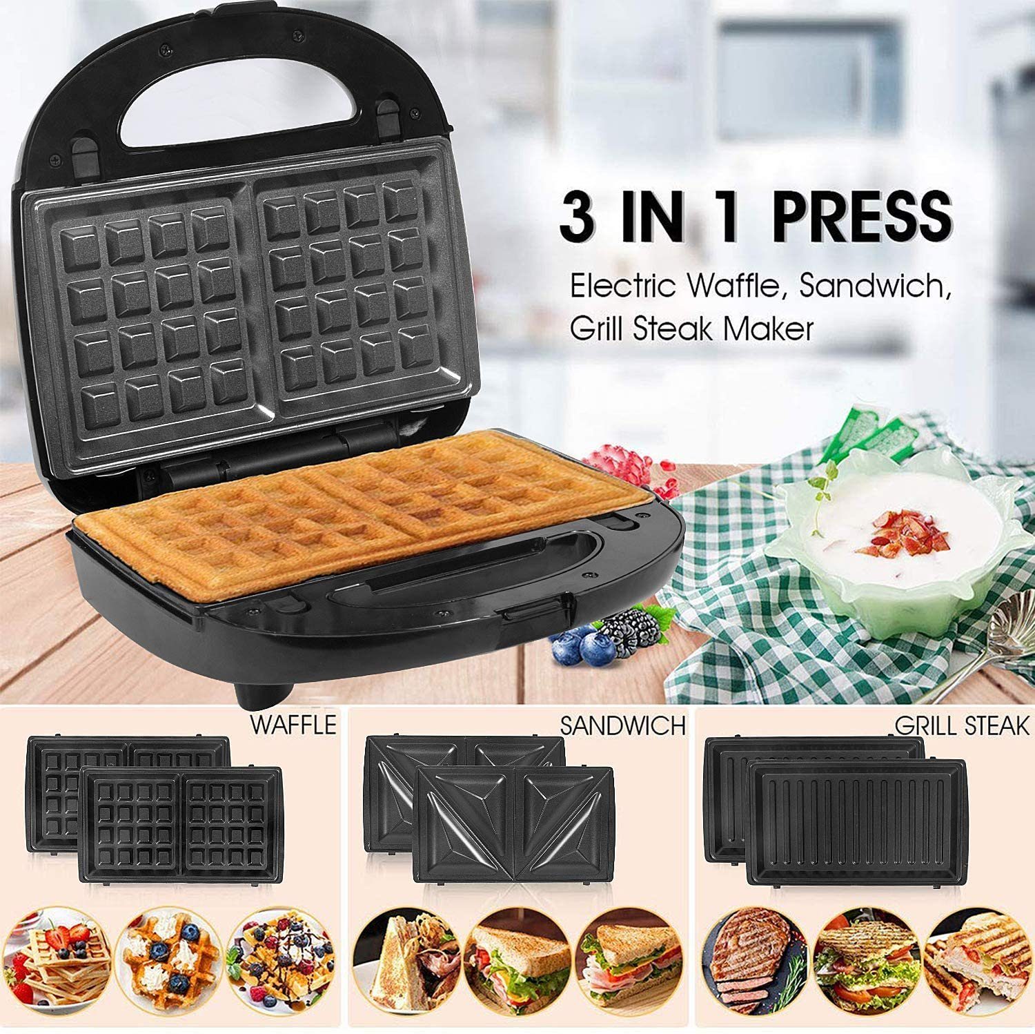 OZAVO 3-in-1-Sandwichmaker OZ320, 750 W, Waffeln, Paninitoaster, Grillplatten, abnehmbar