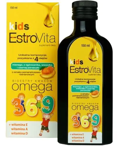 EstroVita Kids, bioestere af omega 3-6-9-syrer, væske med appelsin-banan-smag