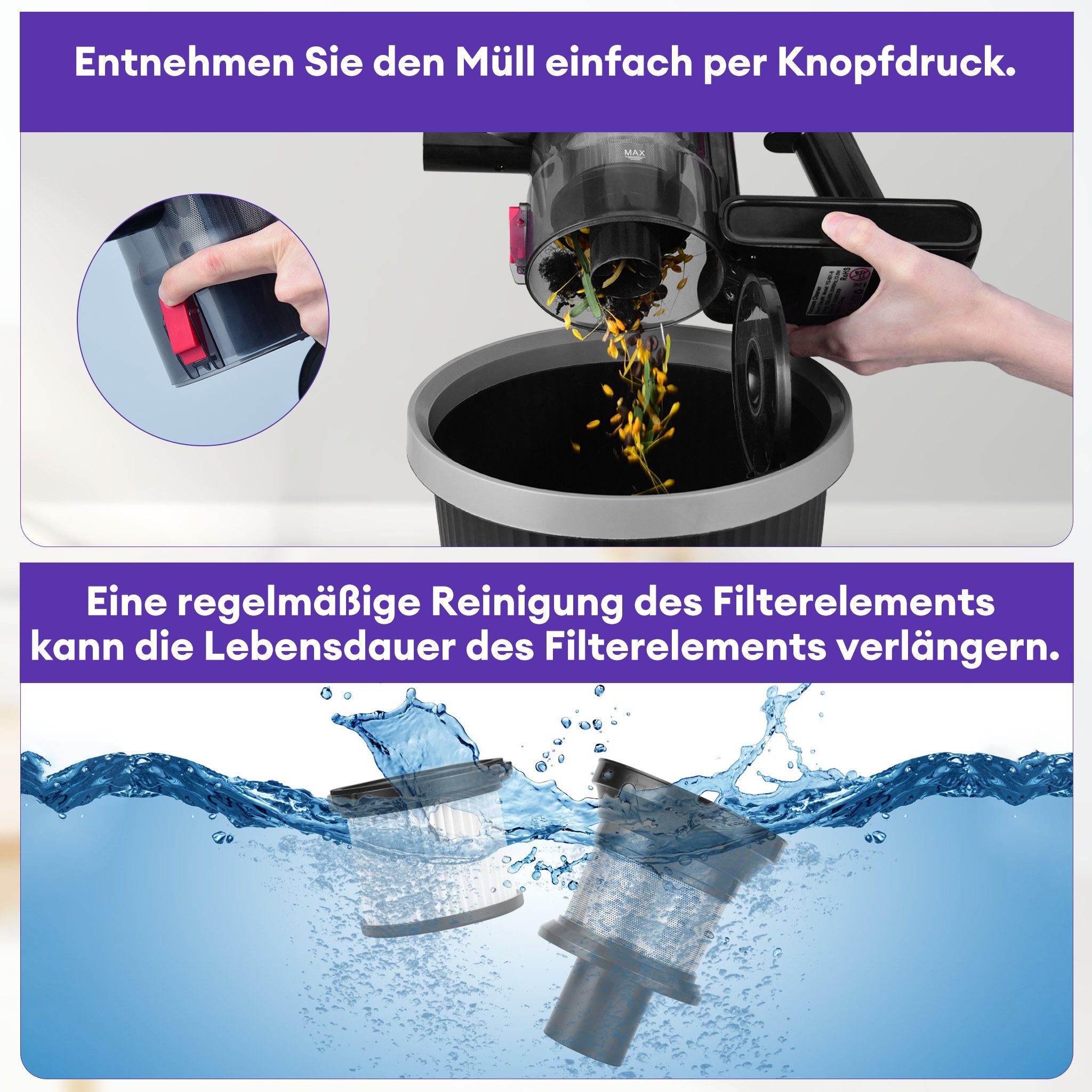 CkeyiN Akku-Hand-und Stielstaubsauger 28kPa Saugleistung, Kabelloser, leistungsstarker Staubsauger, 250,00 W, LED-Beleuchtung, 4-Schicht-Filtersystem