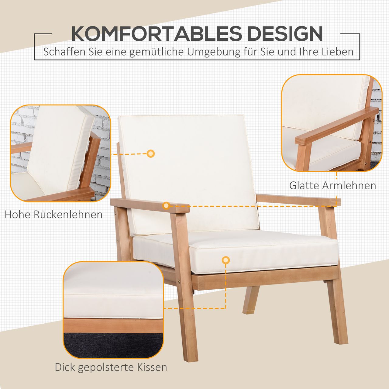 Outsunny 2er-Set Gartenstühle mit Kissen Gartensessel Set Gartenstuhl aus Pappelholz Gartenmöbel Holzstuhl Balkonstuhl Terrassenstuhl Braun Beige 66 x 77,5 x 74,5 cm