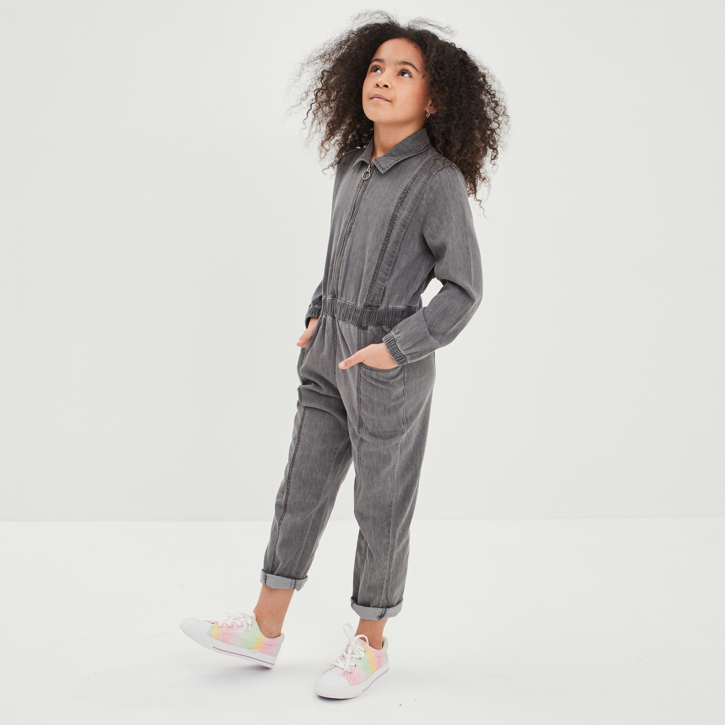 Combinaison pantalon zippée denim gris fille | La Halle