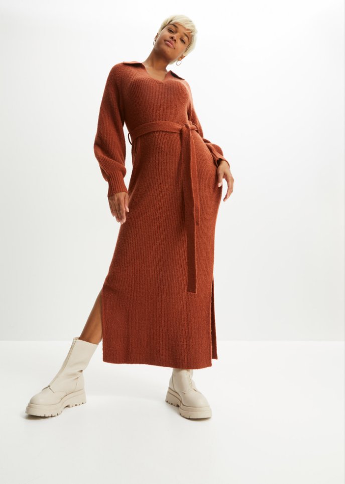 Strickkleid mit V-Ausschnitt und Gürtel (2-tlg. Set)