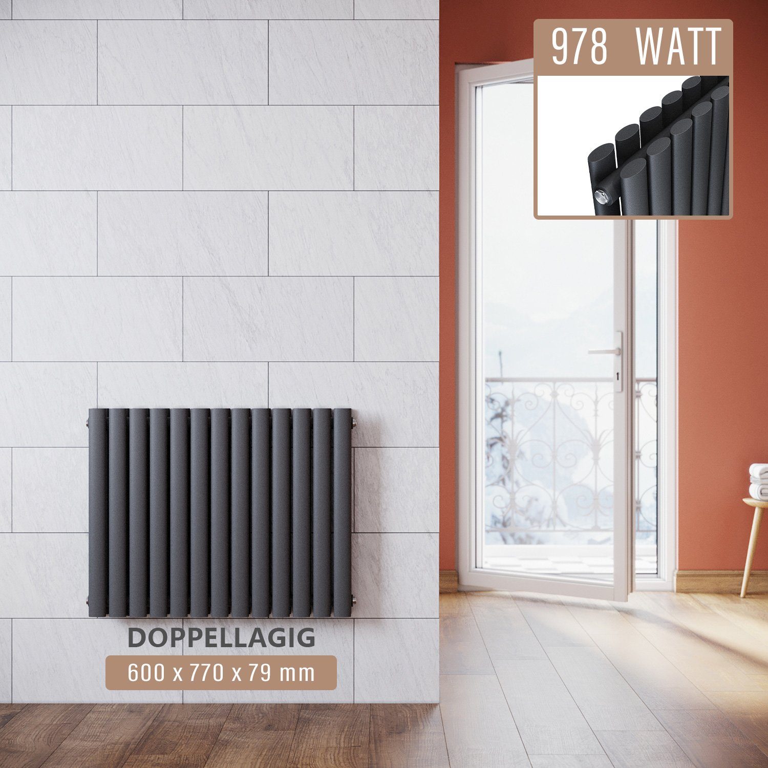 ELEGANT Badheizkörper Röhrenheizkörper Warmwasser,Horizontal,Doppellagig,mit Multiblock,bad, 600 x 770/ 600x1006/ 600 x 1183 mm,Design Heizkörper, Weiß/Anthrazit