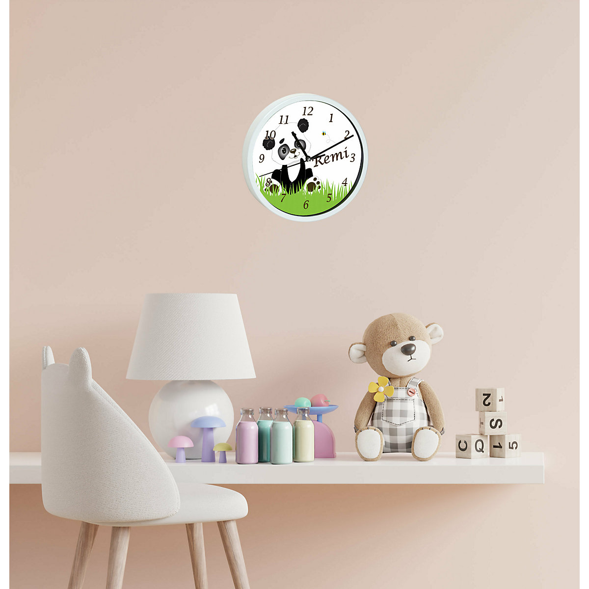 Kinder Wanduhr personalisiert mit Name Panda Bär