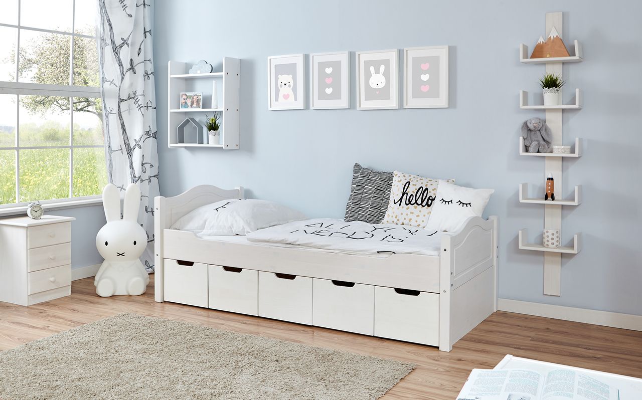Ticaa Einzelbett Leni Kiefer weiß Var 2 - mit 5er Schubkästen
