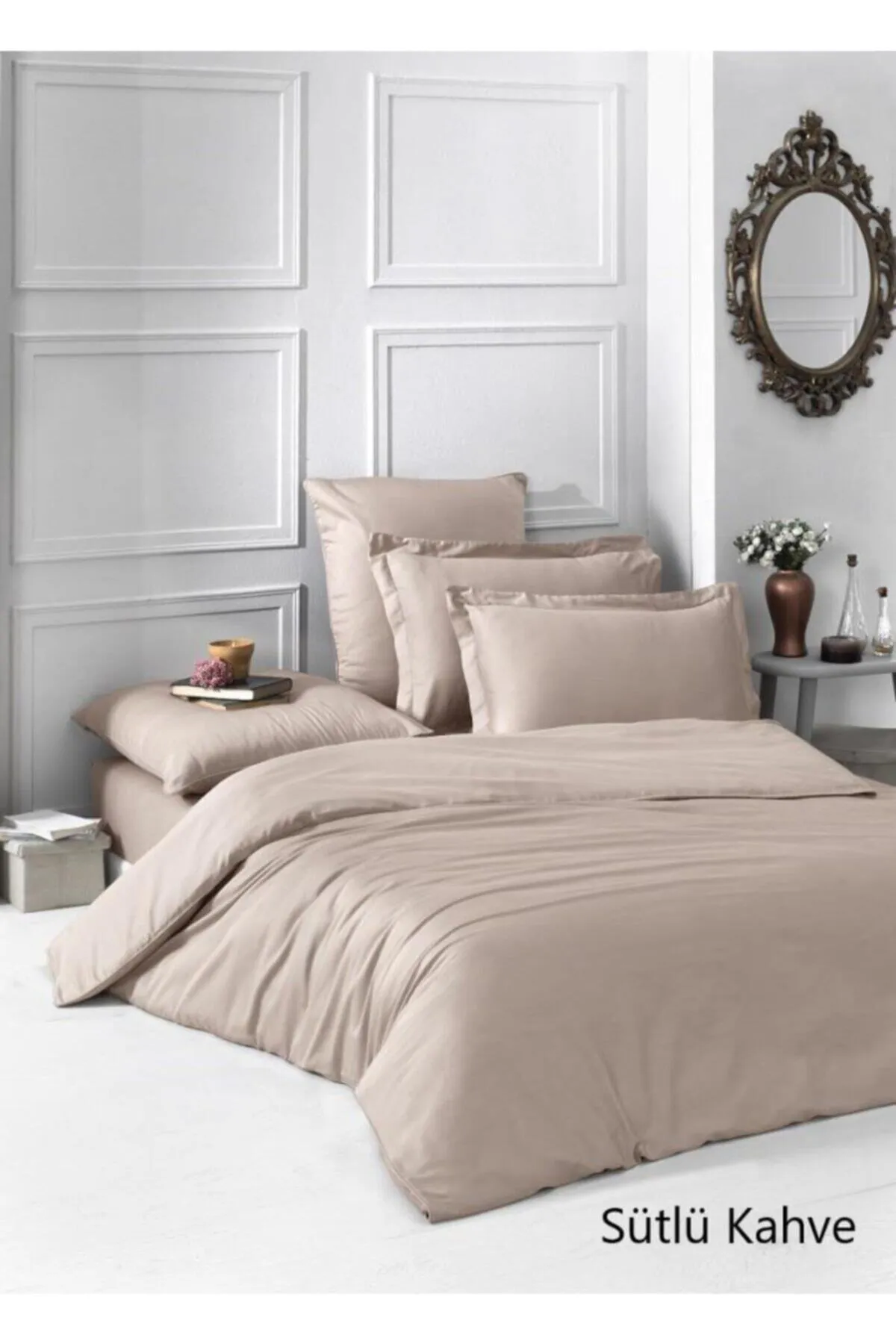 Karna Home  Karna Loft Einzelton-Bettbezug-Set aus Baumwollsatin, Milchkaffee