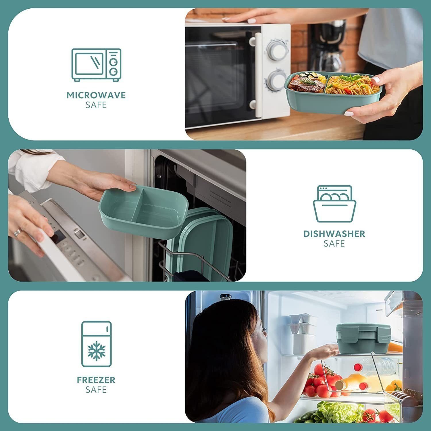 Welikera Aufbewahrungssystem Lunchbox, Brotdose Kinder mit 3 Fächern, inkl. Besteck, 1900ML