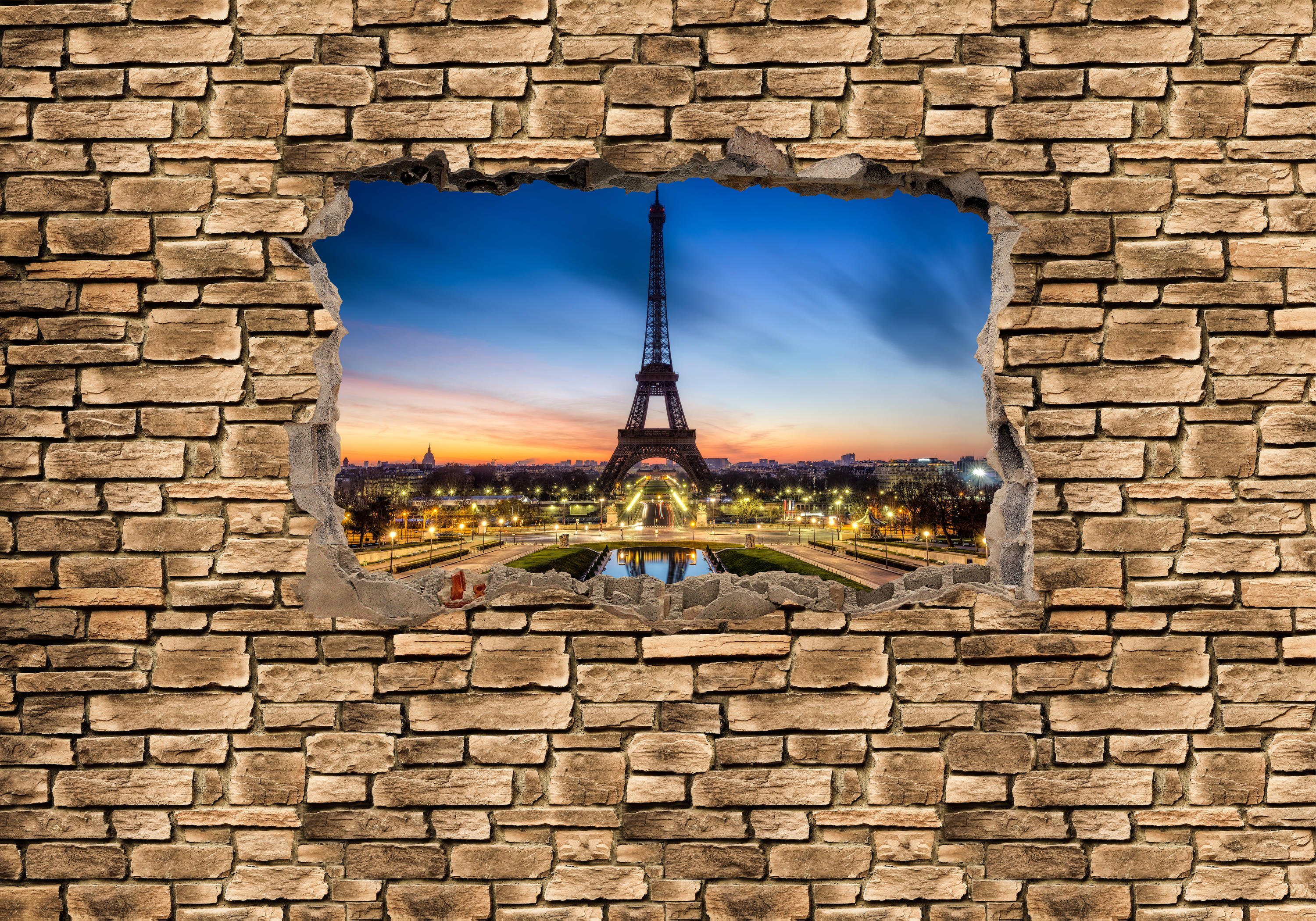 wandmotiv24 Fototapete 3D Eiffelturm bei Nacht Frankreich - Steinmauer, glatt, Wandtapete, Motivtapete, matt, Vliestapete