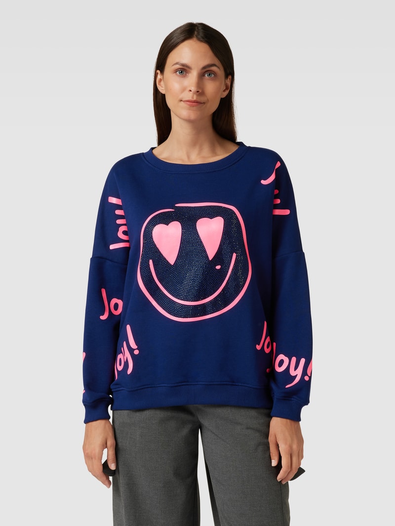 Sweatshirt mit Strasssteinbesatz Modell 'JOY' in marineblau