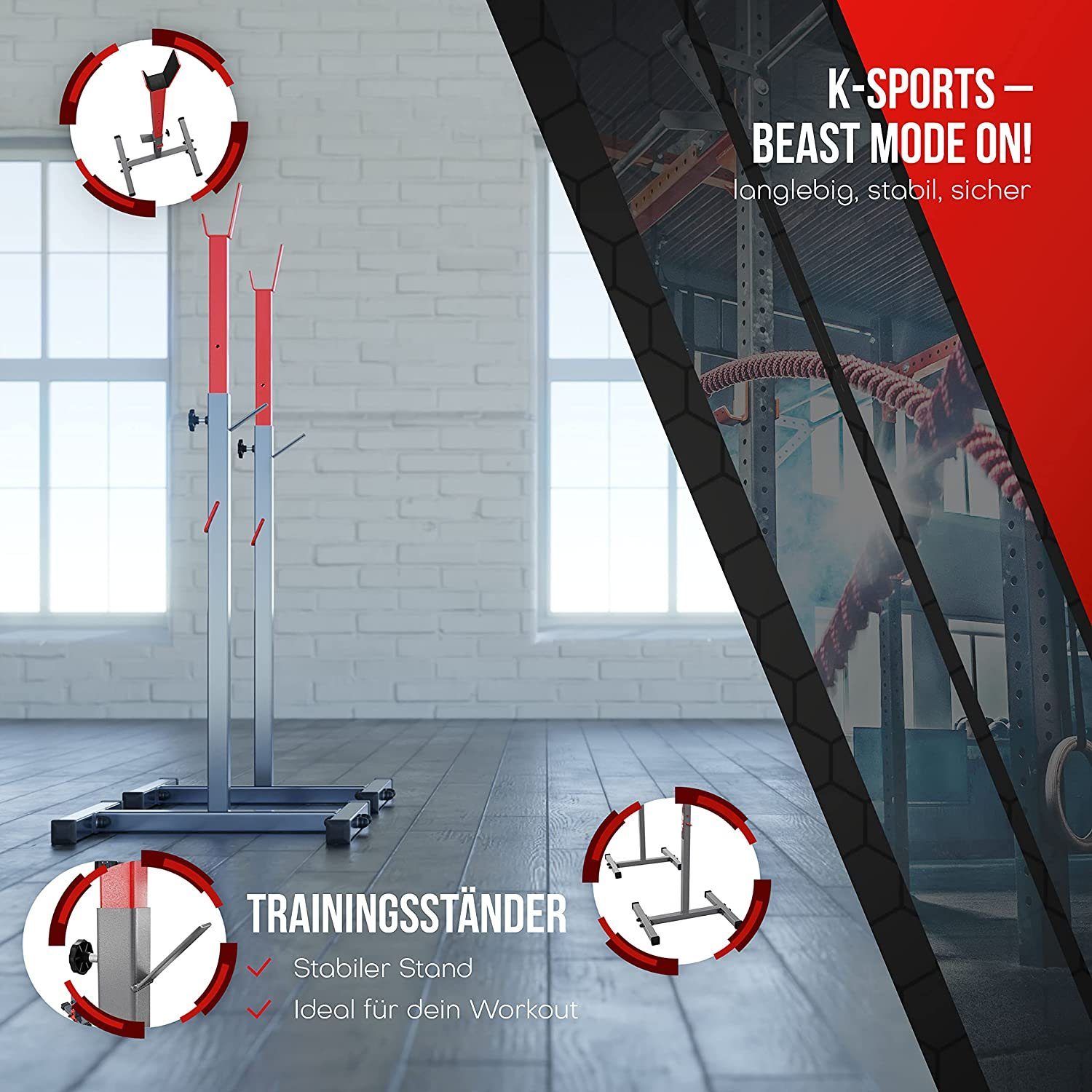 K-SPORT Langhantelstange Langhantelablage I bis 180kg verstärkt zum effektiven Muskeltraining, (Squat-Rack für Langhanteltraining I Kniebeugenständer, Professionelle Fitnessgeräte für Zuhause), Made in EU!