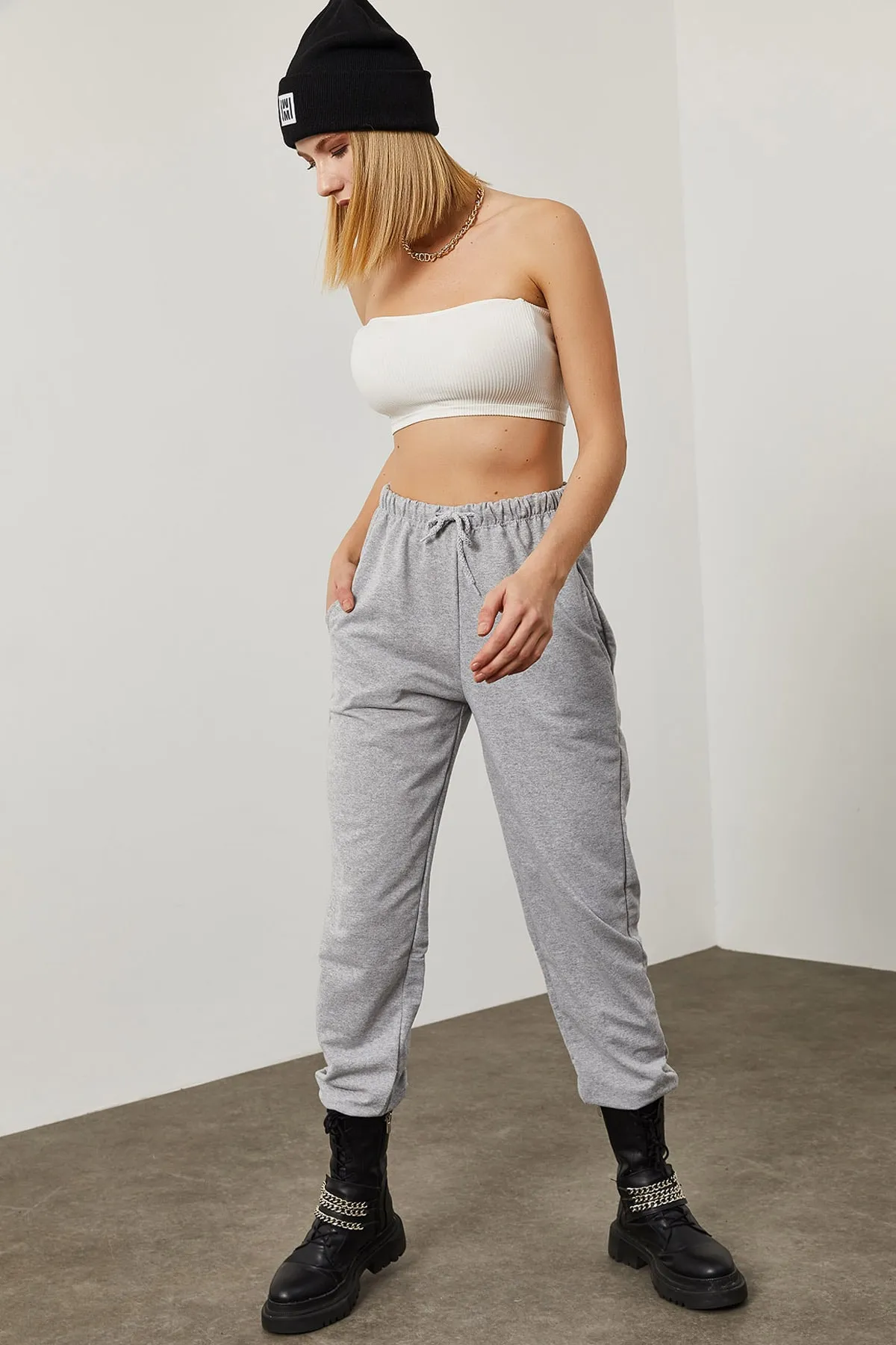 XHAN  Graue Damen-Jogginghose mit Schnürung 0YZK8-10365