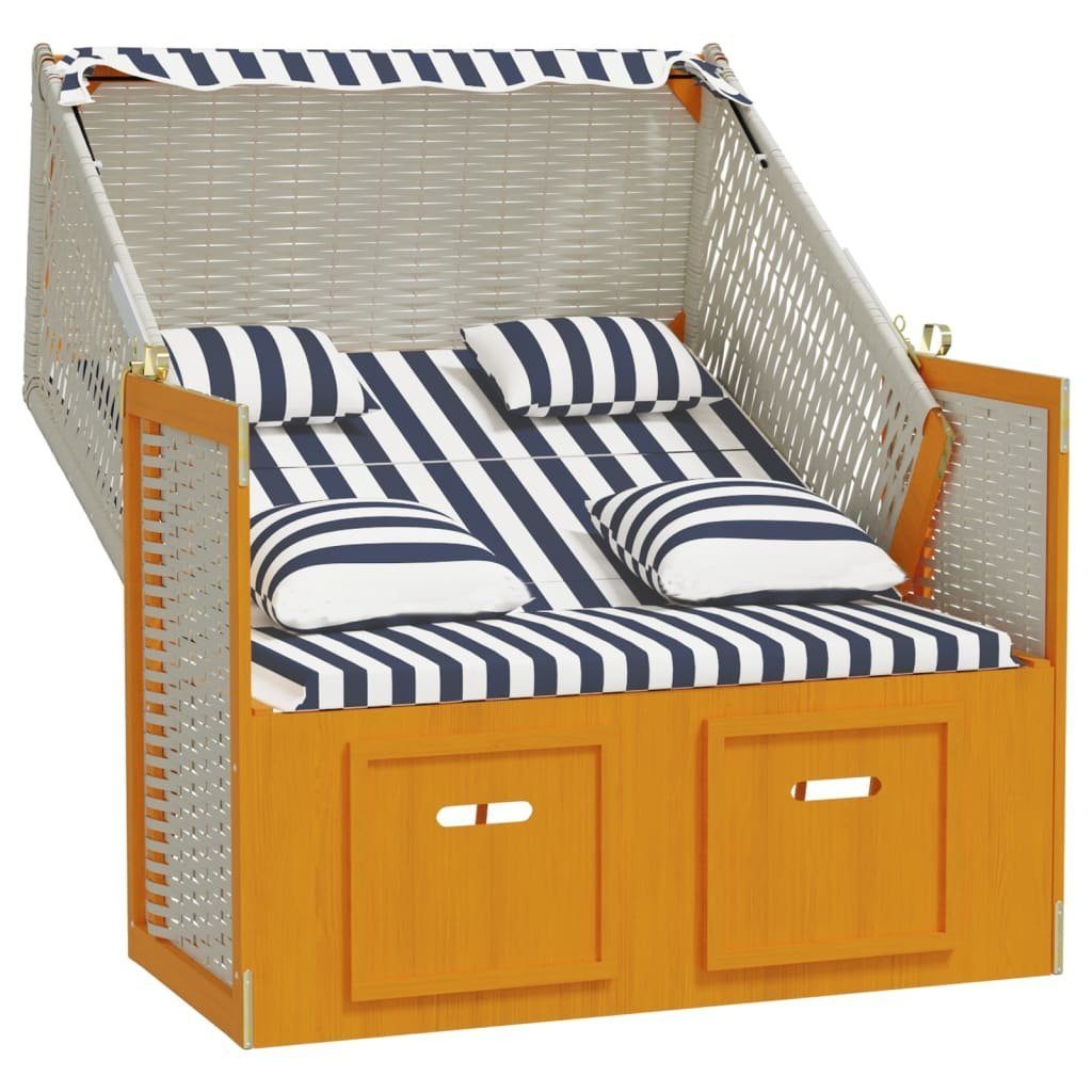 vidaXL Gartenliege Strandkorb mit Kissen Poly Rattan & Massivholz Weiß & Blau, 1 St.