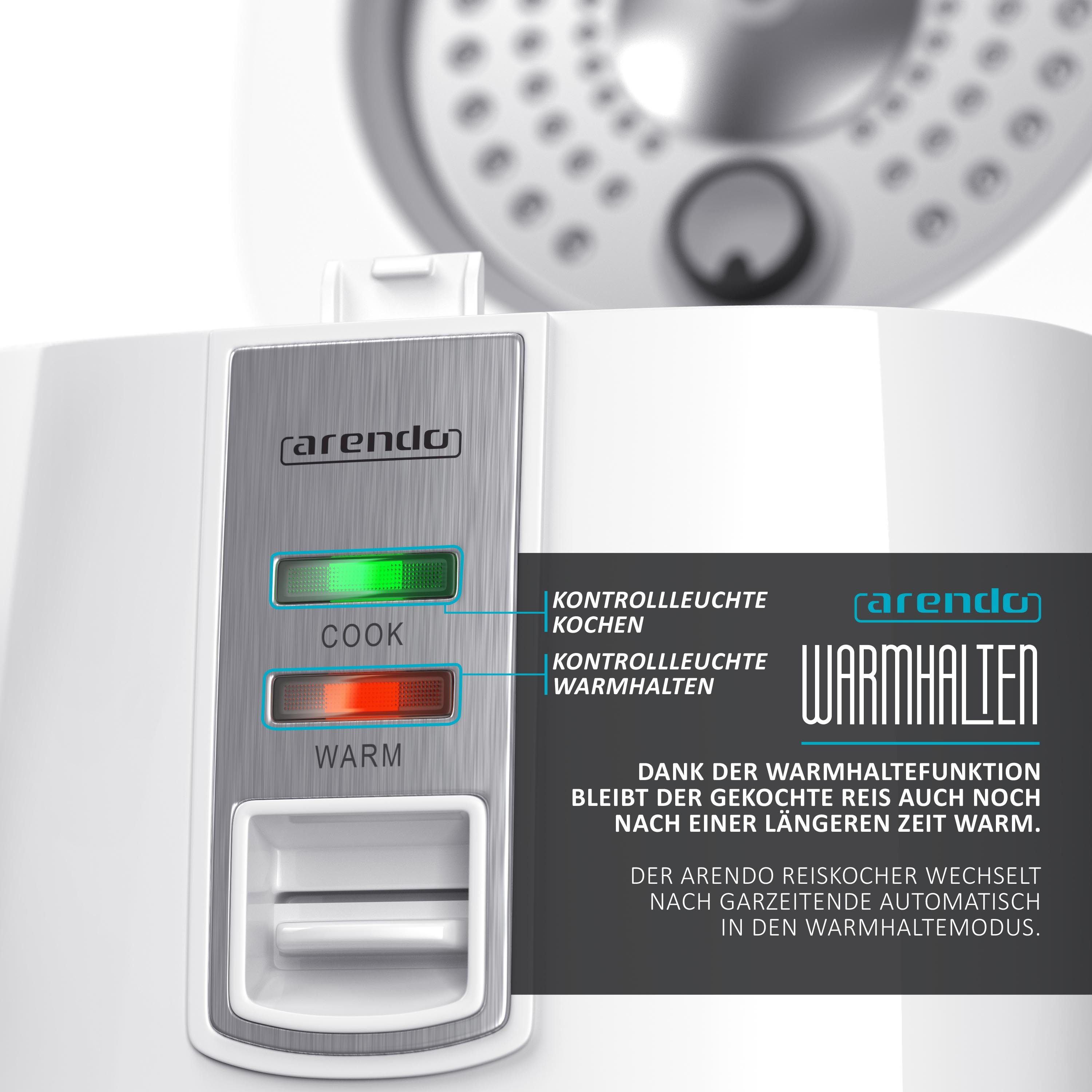 Arendo Reiskocher, 540 W, 1,4 L, Hitzeschutz, Dampfgareinsatz, Warmhaltefunktion, Dampfgarer