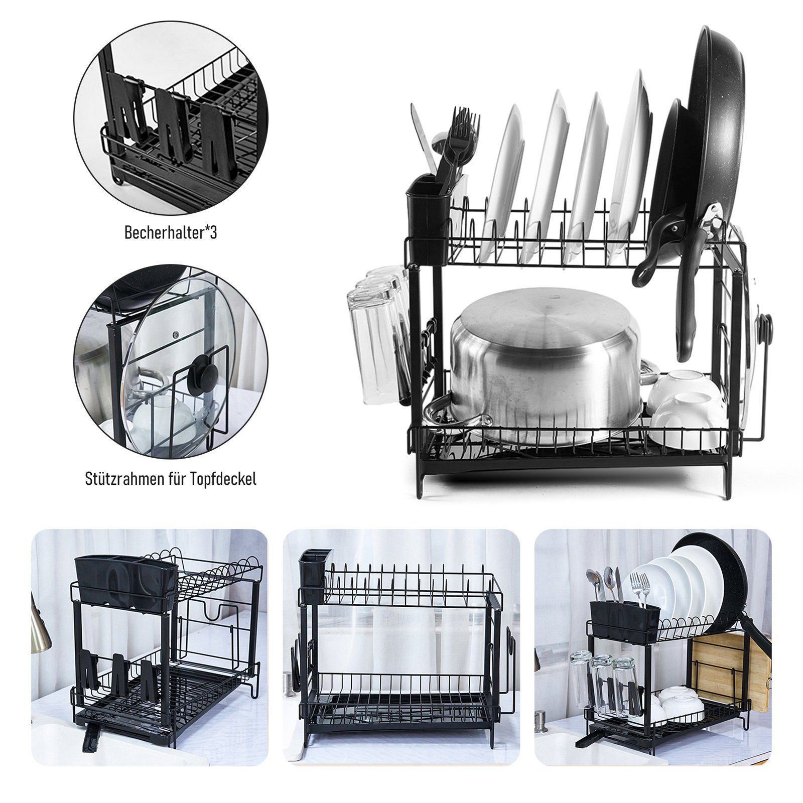 CALIYO Geschirrständer Abtropfgestell Geschirr, 2-stufiges Geschirrabtropfgestell Edelstahl, Geschirr Abtropfständer Abtropfgitter, Dish Drying Rack Drainer