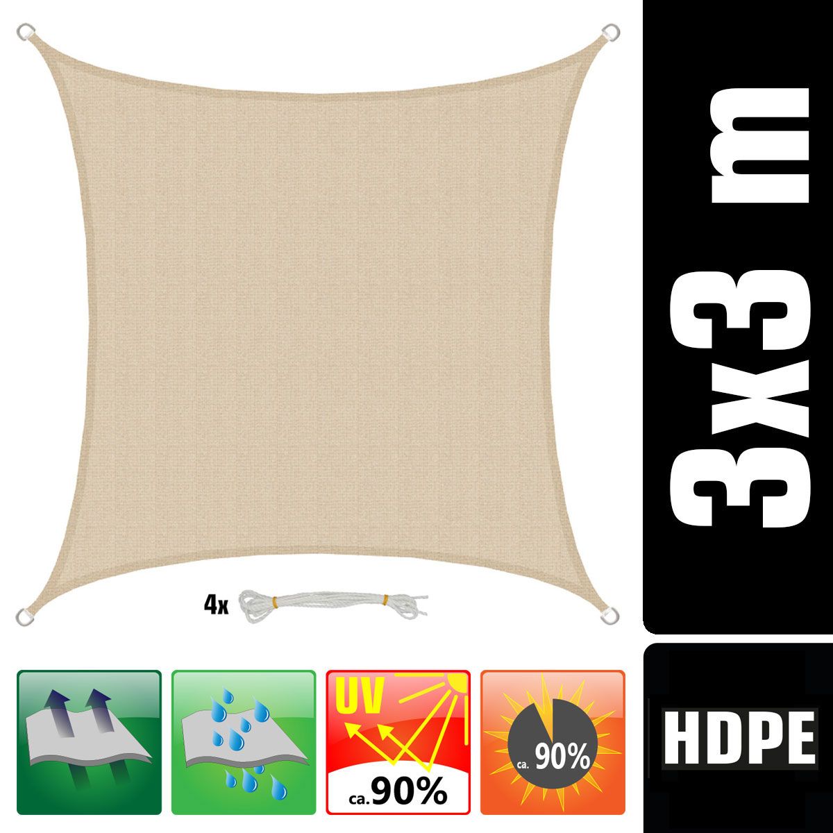 AMANKA 3x3 Beiges atmungsaktives UV Sonnensegel