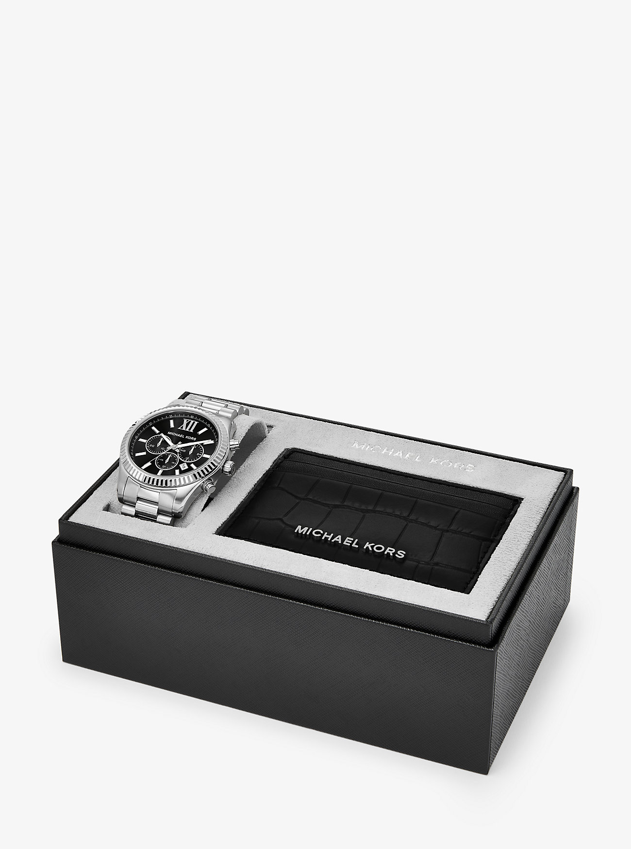 Oversized Lexington Silver-Tone Watch and Crocodile-Embossed Leather Card Case Gift Set - SILVER