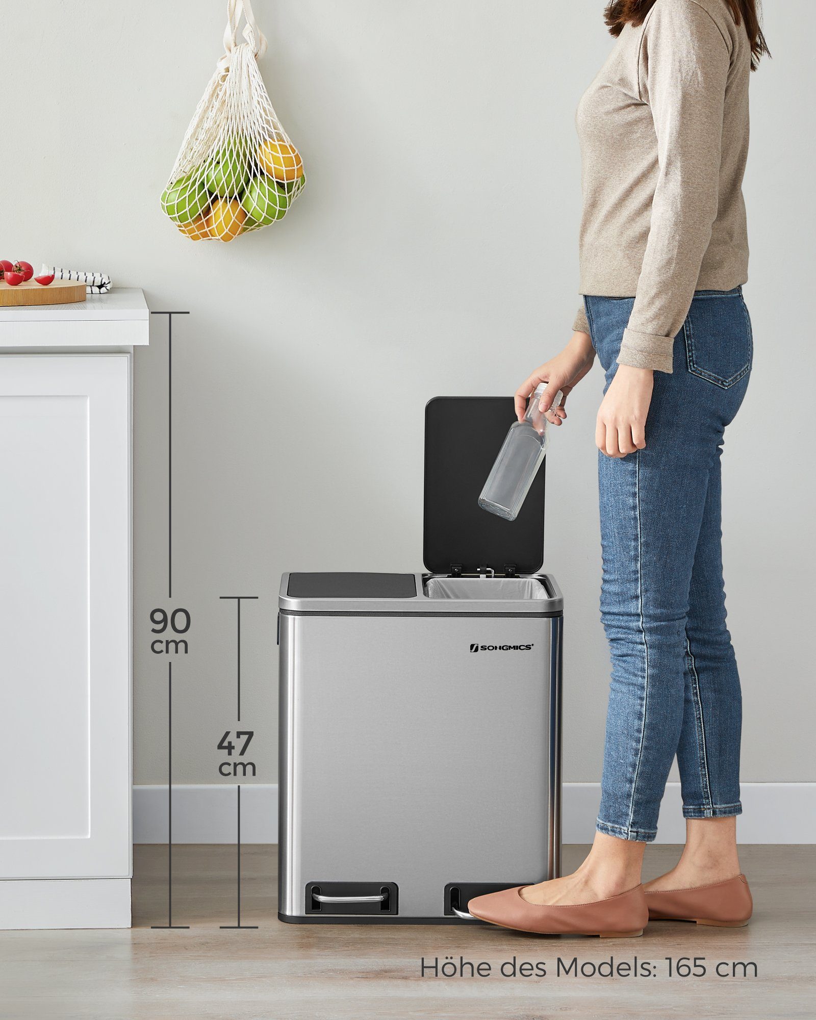 SONGMICS Mülleimer Metall-Fußreling, Abfalleimer, 30L, ergonomisch, Stahl