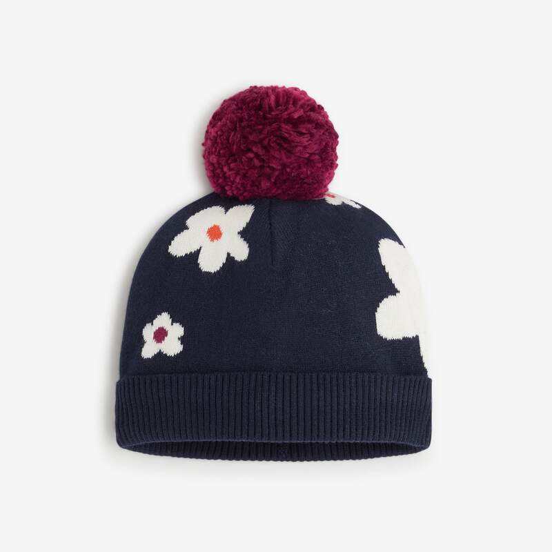 Bonnet fleuri bébé fille bleu marine en tricot Catimini