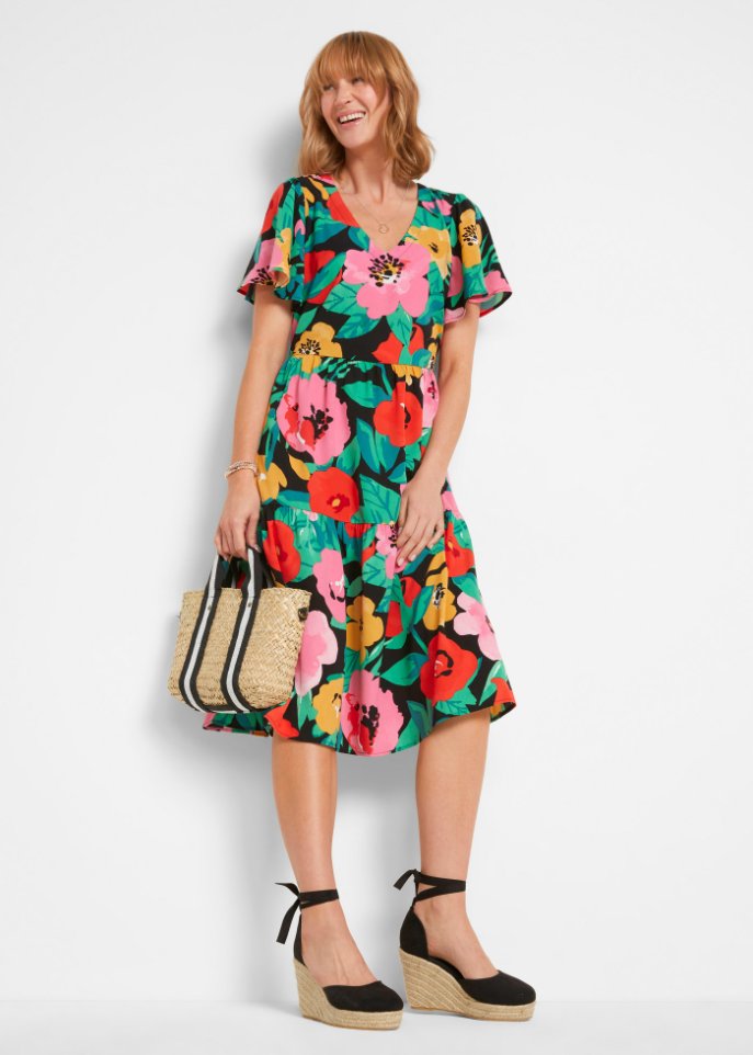 Bedrucktes Midi-Viskosekleid mit V-Ausschnitt