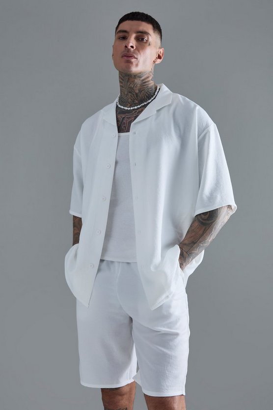 Tall kurzärmliges Oversize Leinen-Hemd & Shorts in Weiß