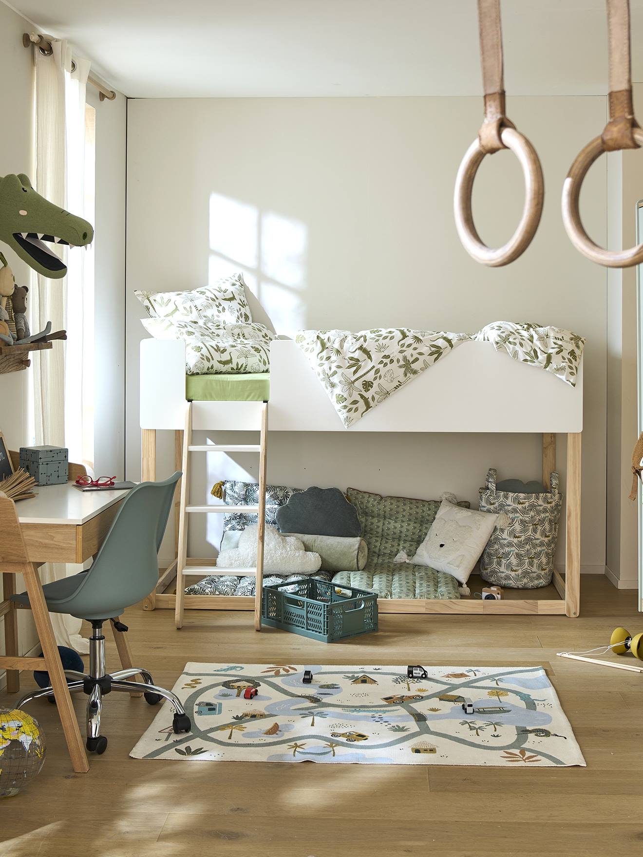Vertbaudet Mitwachsendes Kinder Hochbett ZICKZACK - weiß/natur