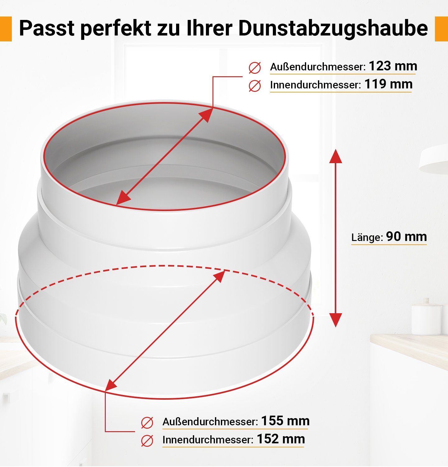 VIOKS Schlauchadapter 125/150erR, (1-St), Reduzierstück für Abluftrohr Dunstabzugshaube