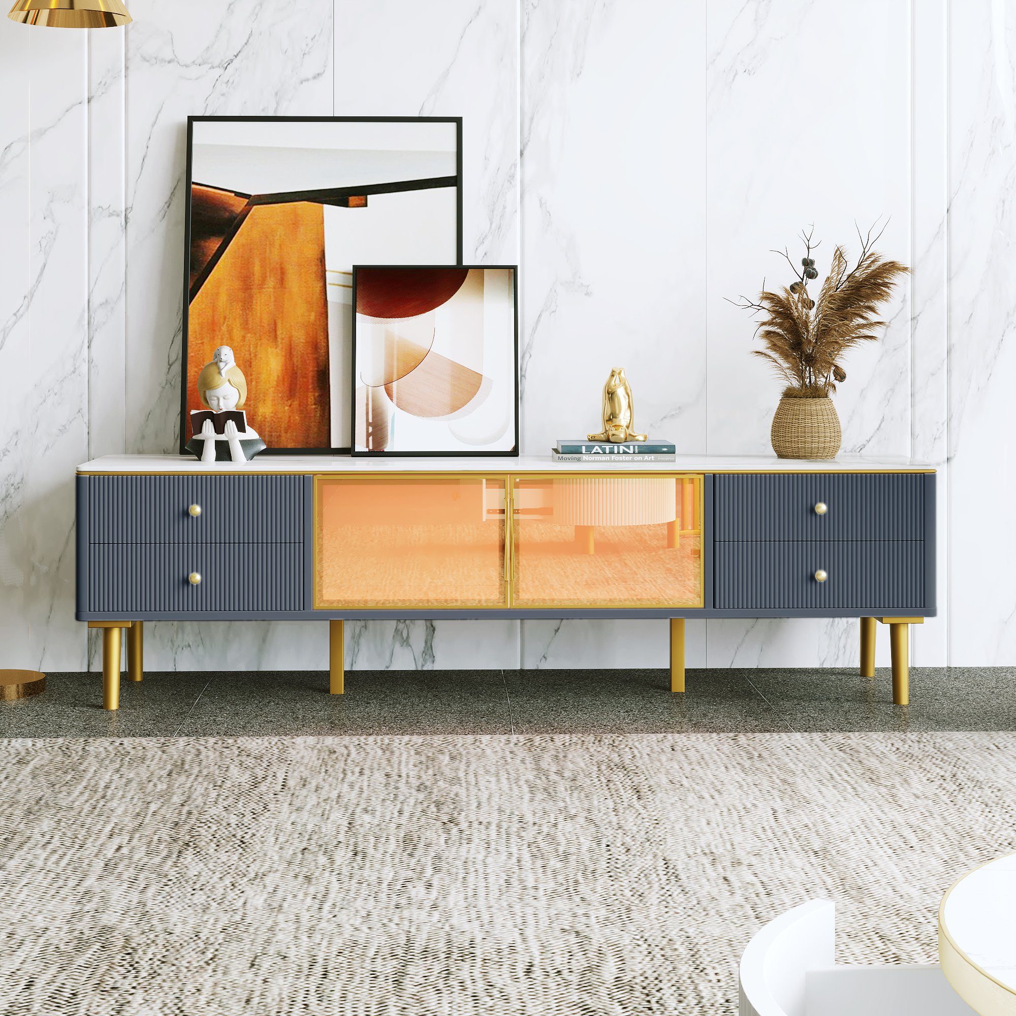 OKWISH TV-Schrank TV Schrank in Mamoroptik,Modernes TV-Lowboard für Wohnzimmer (4 Strukturierte Schubladen mit Goldenen Griffen, und zwei Braune Türen aus Gehärtetem Glas) für Wohnzimmer, 170*37*47,5cm