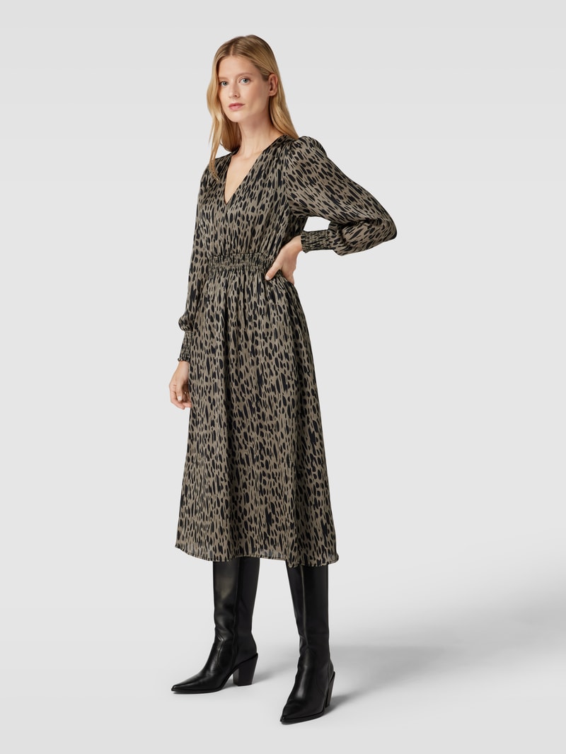 Midikleid mit Animal-Print und Smok-Details in olivgrün