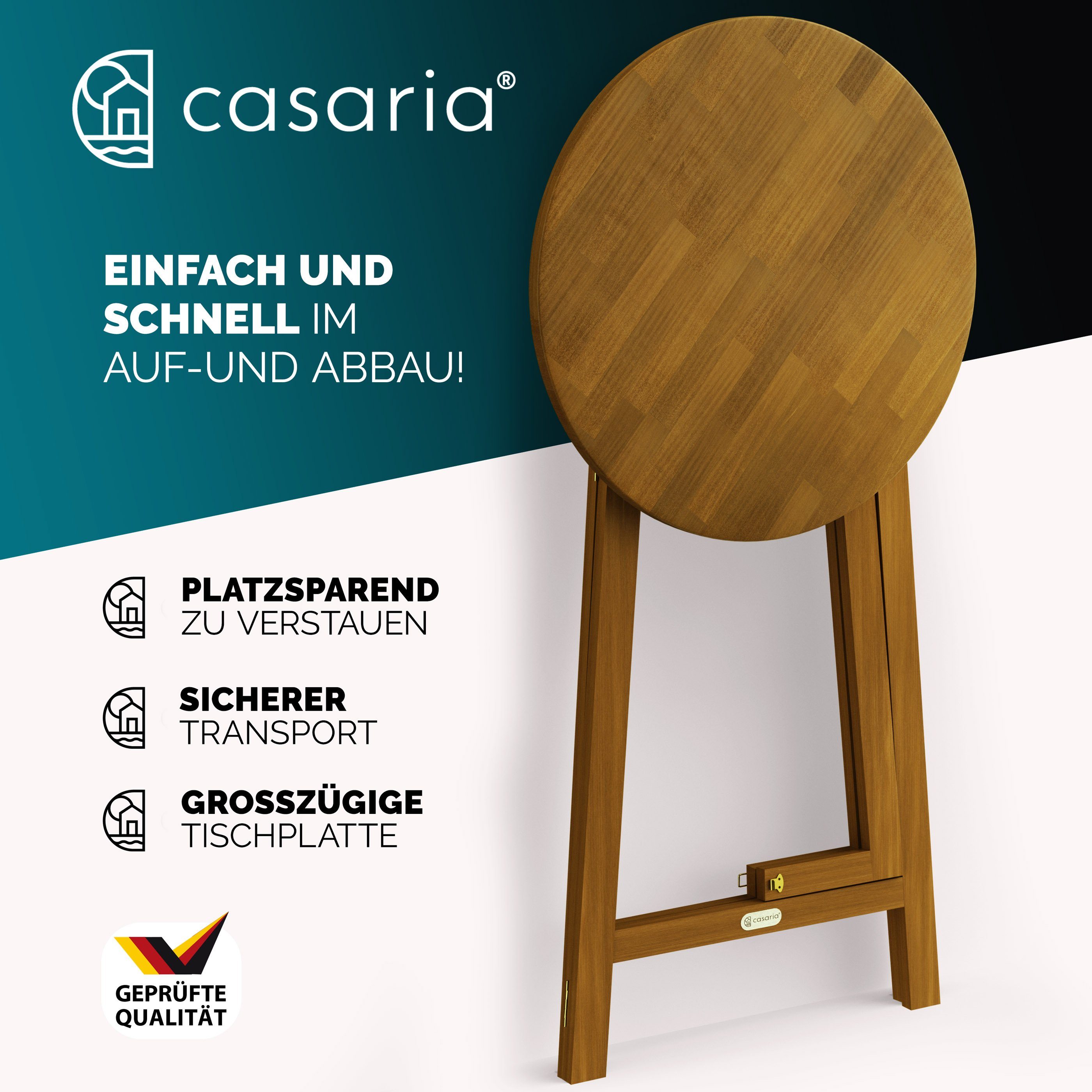 Casaria Stehtisch Akazie (1-St), Holz Klappbar 110cm Hoch Ø78 cm Rund Massiv Rustikal Indoor Outdoor