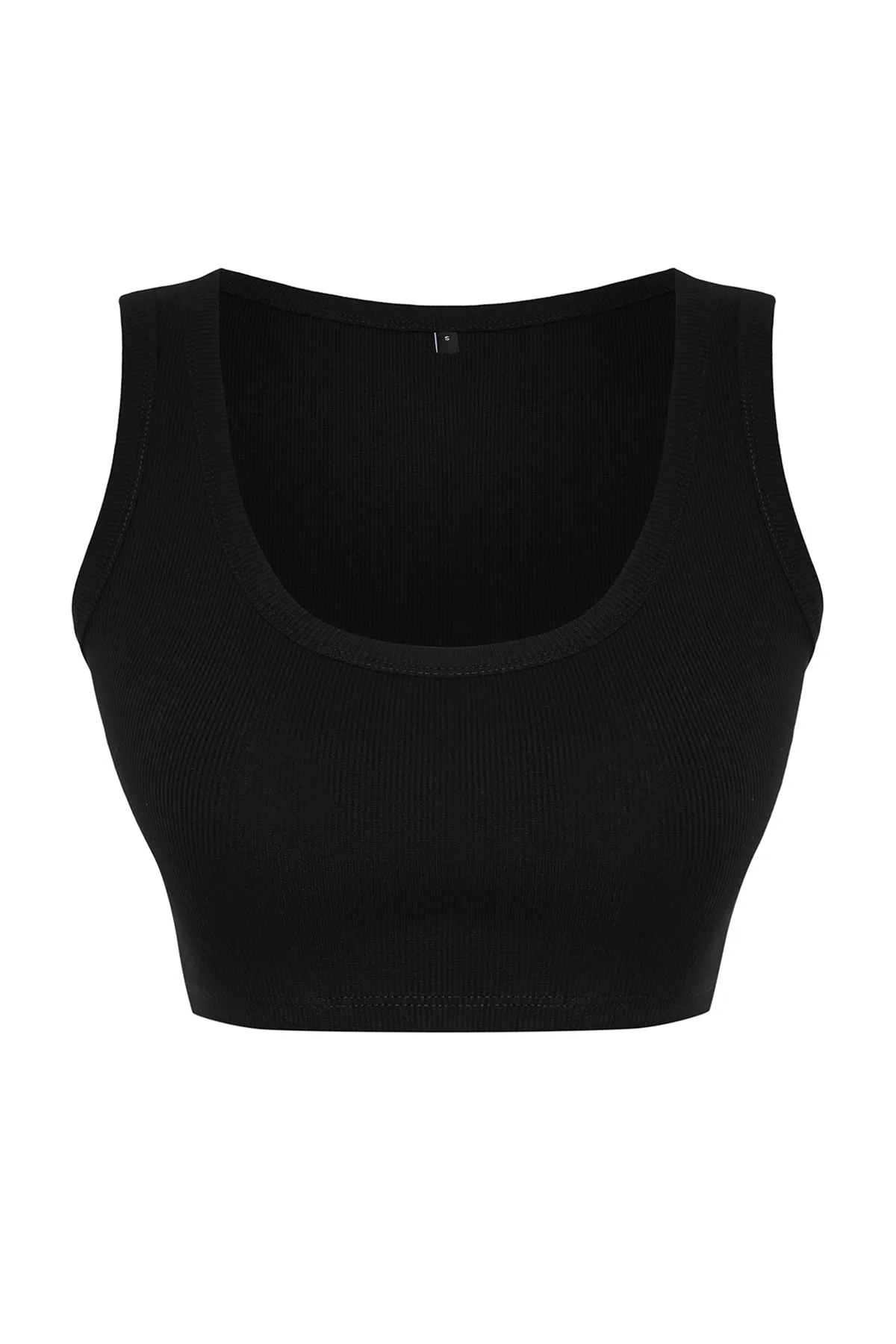 Trendyol Collection  Schwarzes, kurzes, geripptes, flexibles Strick-Tanktop mit Trägern TWOSS24AL00023