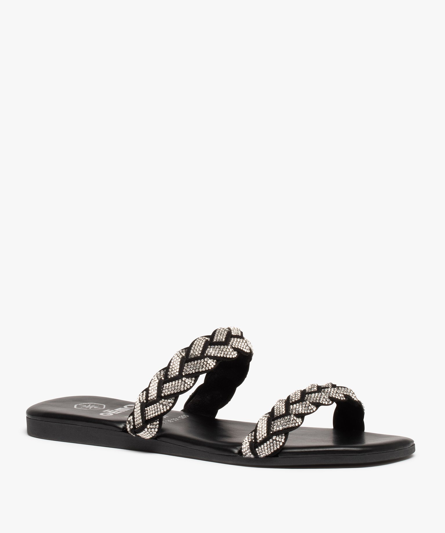 Mules femme à talon plat et brides strass tressées noir | GEMO