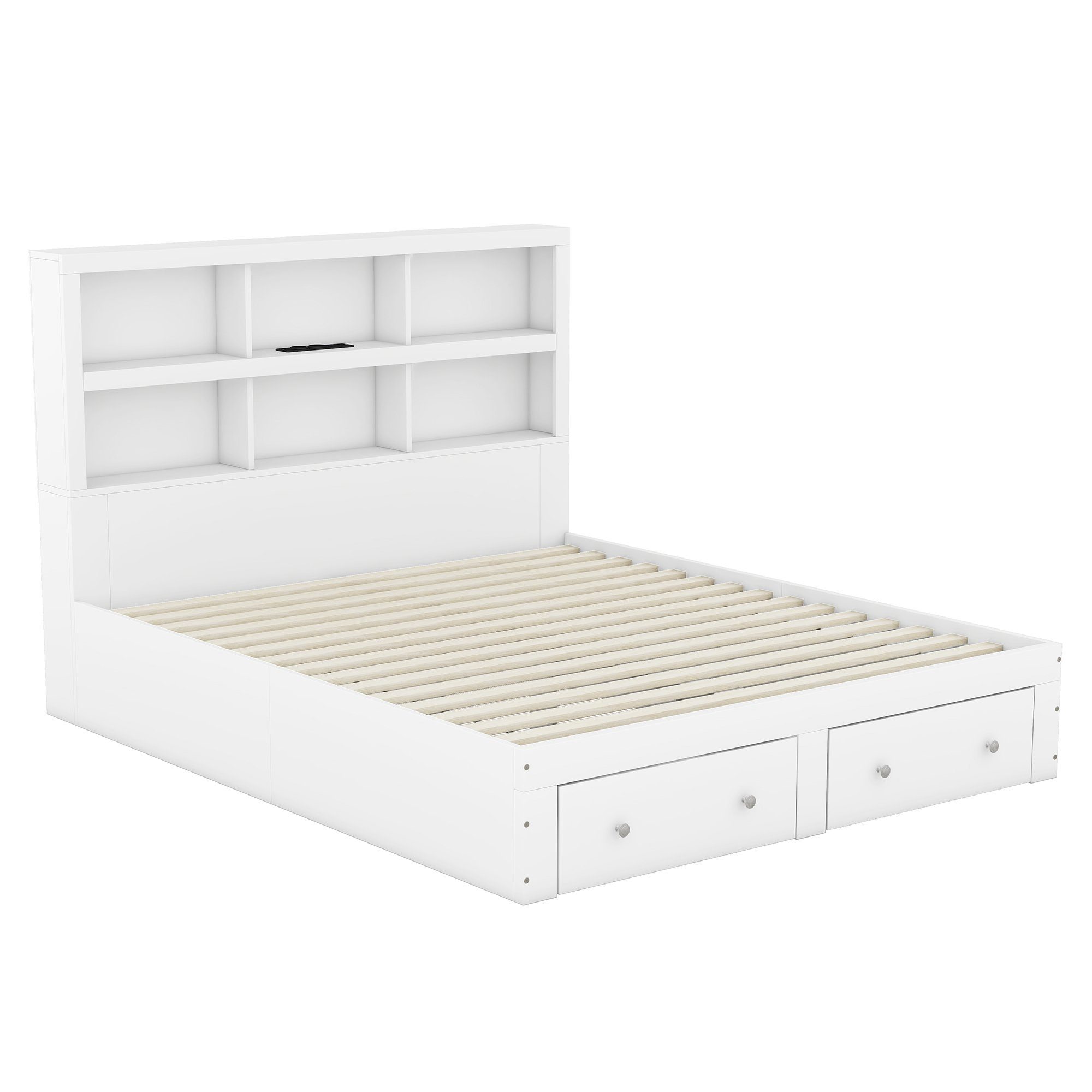 HAUSS SPLOE Holzbett Doppelbett Bettgestell Kinderbett Gästebett (Holzbett mit zwei Schubladen und Kopfteil mit Lagerregal), 160*200cm, Weiß