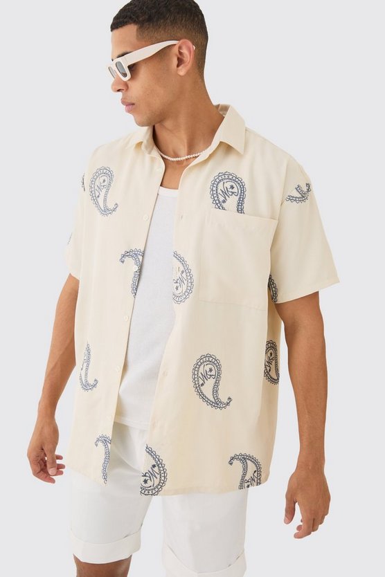 Oversize Twill-Hemd mit Paisley-Stickerei