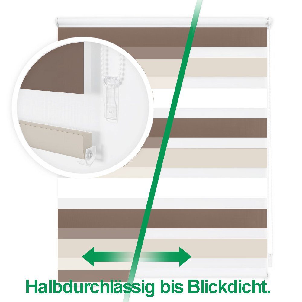 Doppelrollo ohne Bohren, Weiß-Beige-Braun/Weiß-Grau-Anthrazit, OUBO, Lichtdurchlässig Rollo für Fenster & Tür, Klemmfix, Klemmträger, Lichtschutz schnelle und einfache Montage mit beiliegendem
