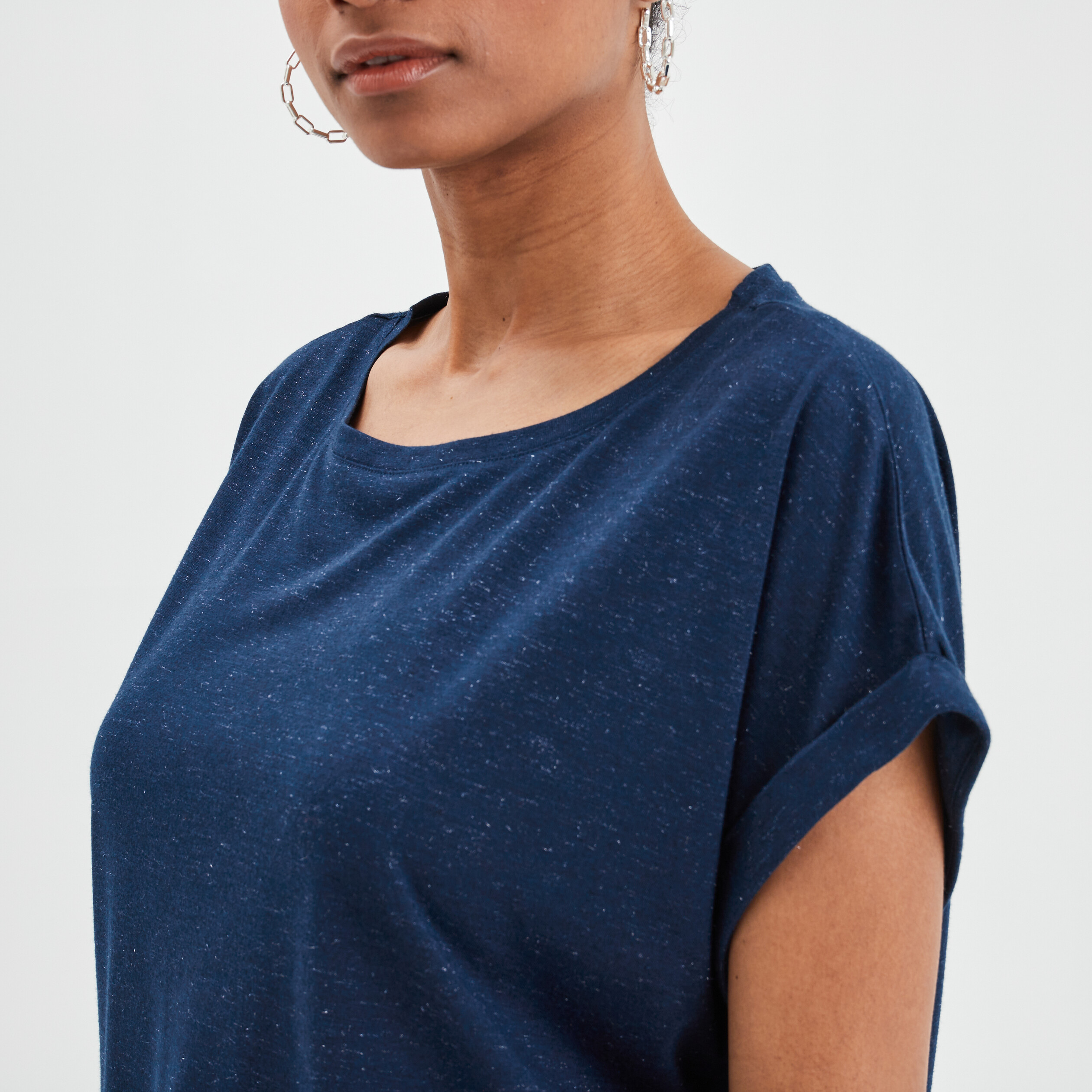 T-shirt manches courtes fils métallisés bleu marine femme | La Halle