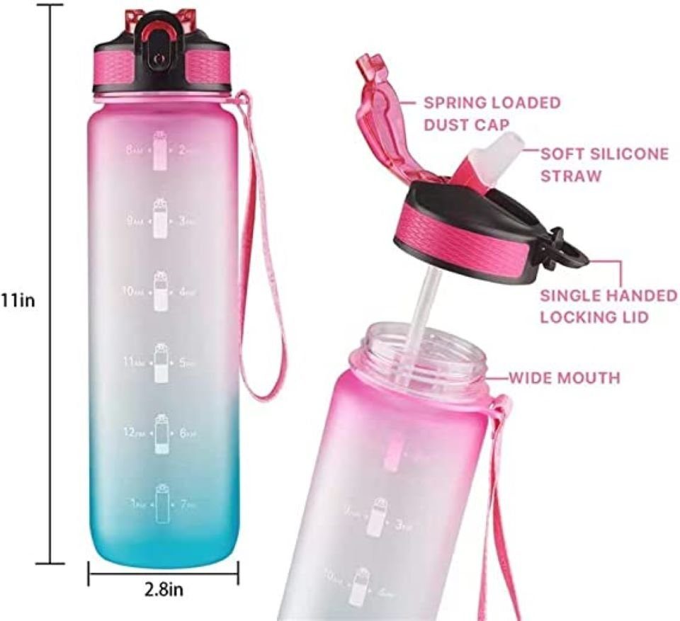 Botells Trinkflasche Sportflasche Wasser 1 l, Trink Motivation Skala, Strohhalm, Fitness, Sport, Schule, Ausflug, Büro, leicht, auslaufsicher, motivierend