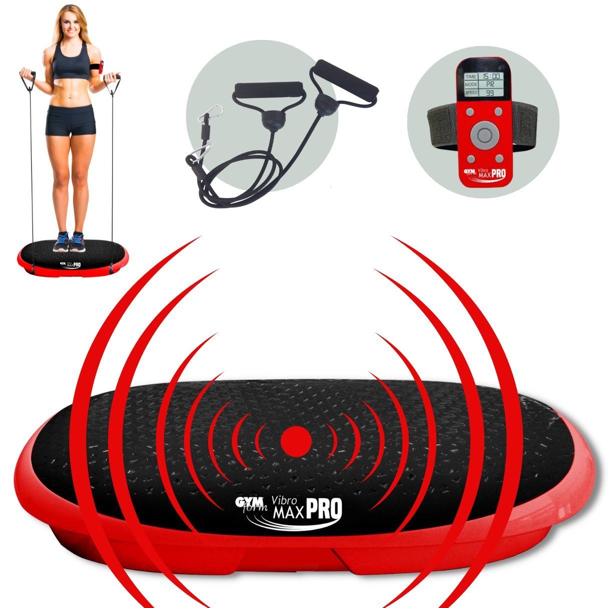 Gymform® Vibrationsplatte VibroMax PRO Trainingsplatte, 200,00 W, 99 Intensitätsstufen, (4 tlg), 10 Programme, inkl. Trainingsbänder und Fernbedienung