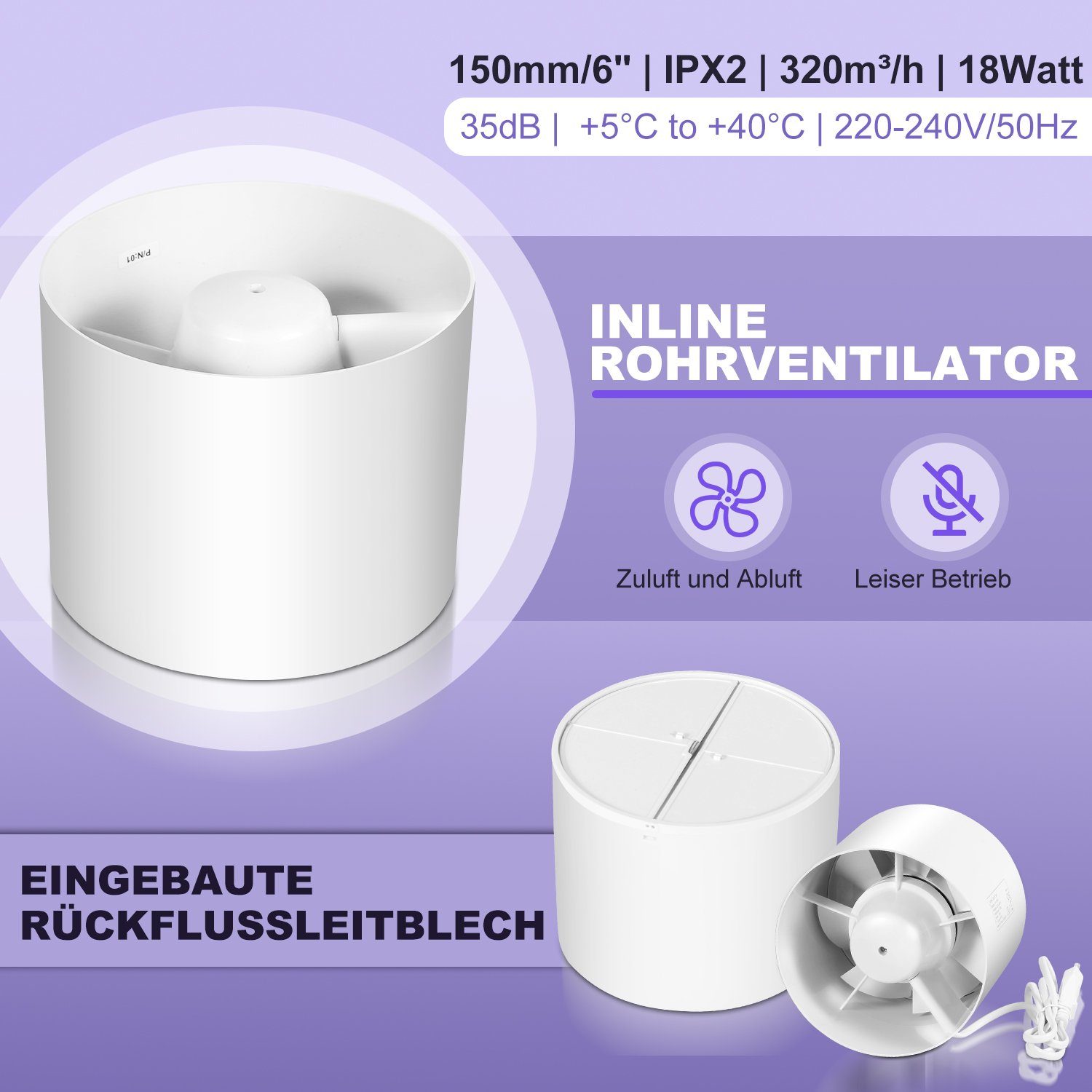 Gimisgu Wandventilator Rohrventilator Ø100mm/150mm Inline-Abluftventilator mit Rückstauklappe