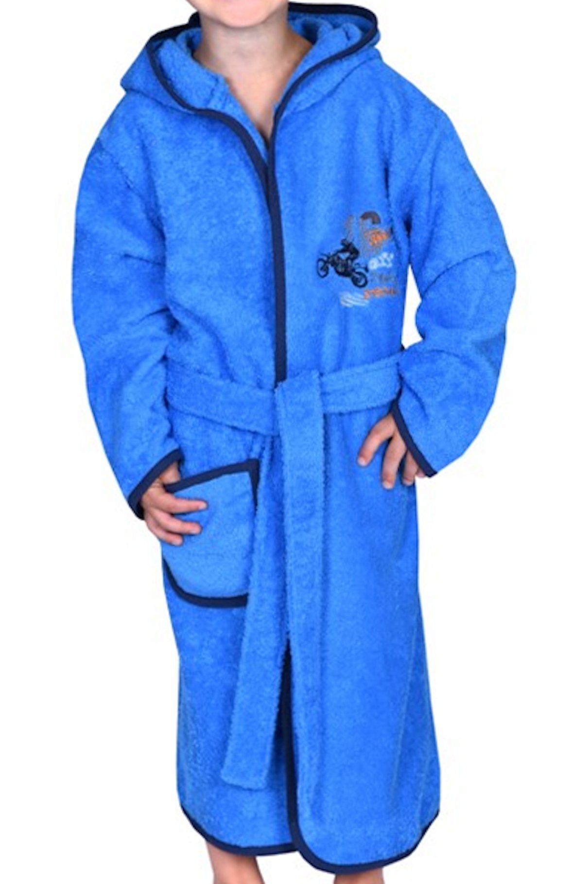 Wörner Kinderbademantel Wörner Jungen Bademantel Motorrad royal blau, kniebedeckend, 100% Baumwolle, Kapuze, Kordel