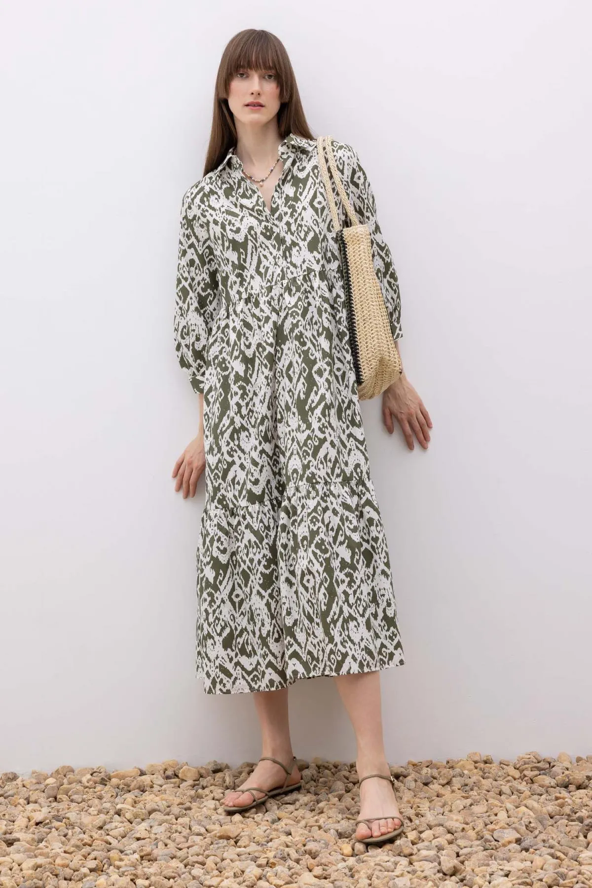 DeFacto  Gemustertes Maxi-Halbarmkleid aus Frottee-Baumwolle mit Hemdkragen Z9109az23sp
