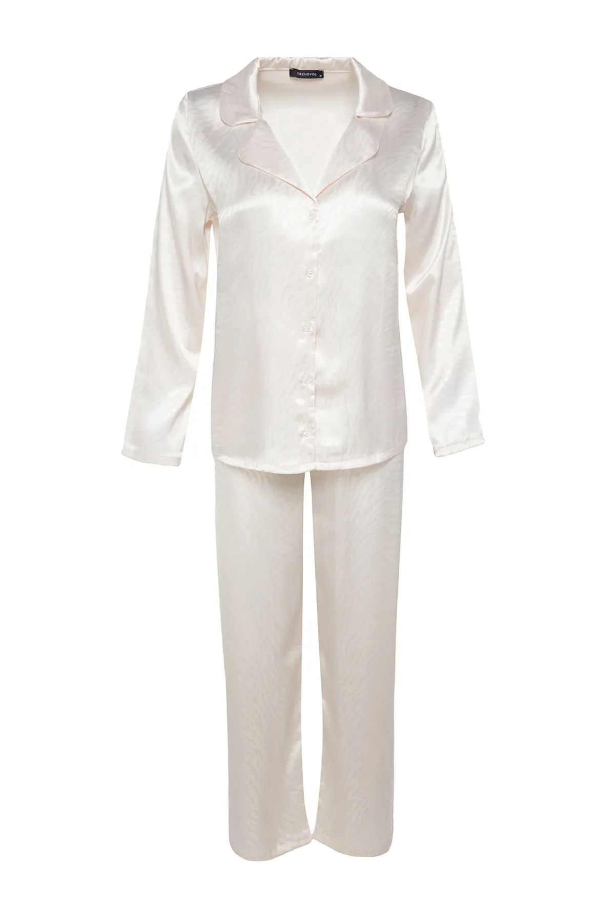Trendyol Collection  Ecrufarbenes, gewebtes Pyjama-Set aus Hemd und Hose aus Satin mit Tiermuster THMAW24PT00001