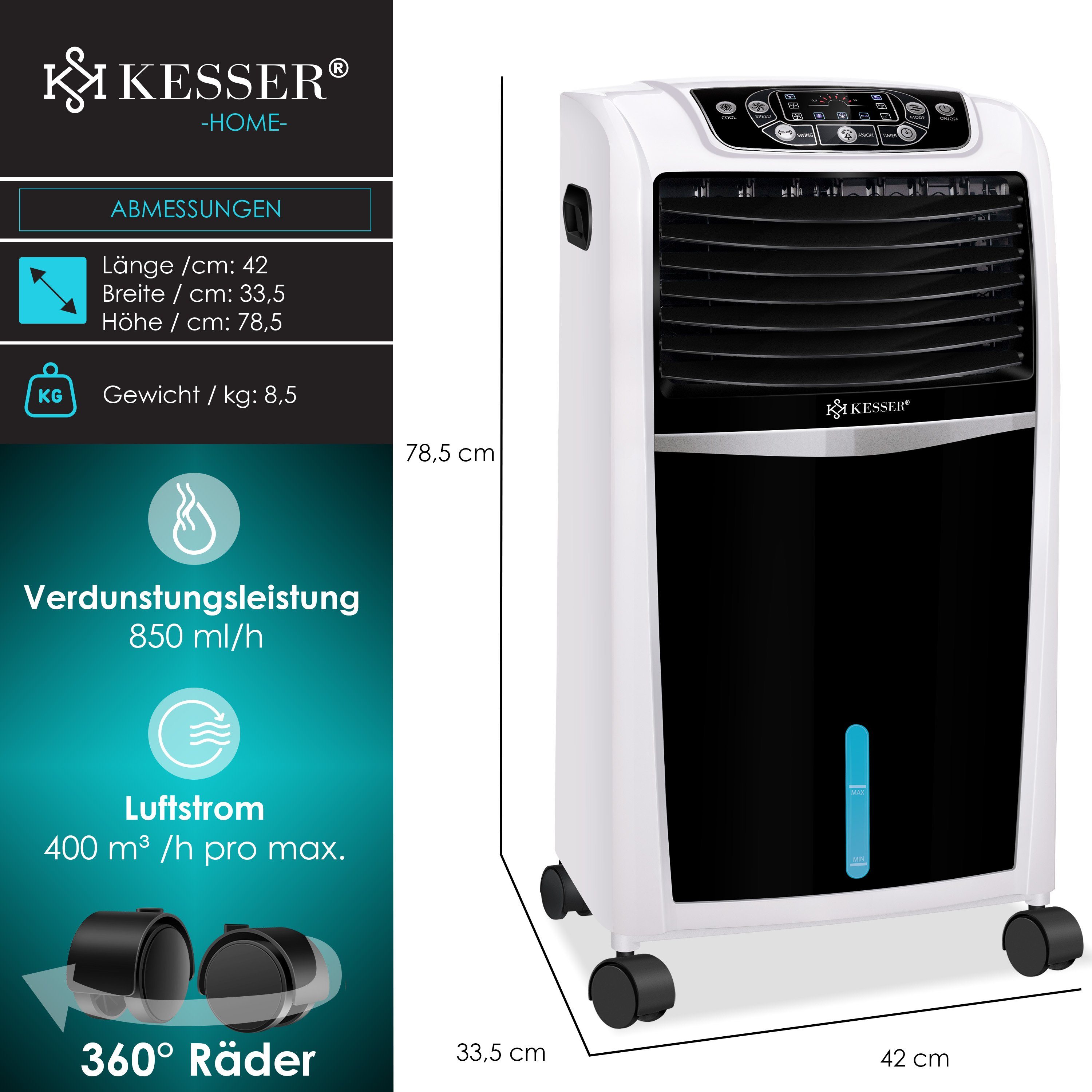 KESSER Turmventilator, 4in1 Mobile Klimaanlage Fernbedienung Klimagerät Ventilator